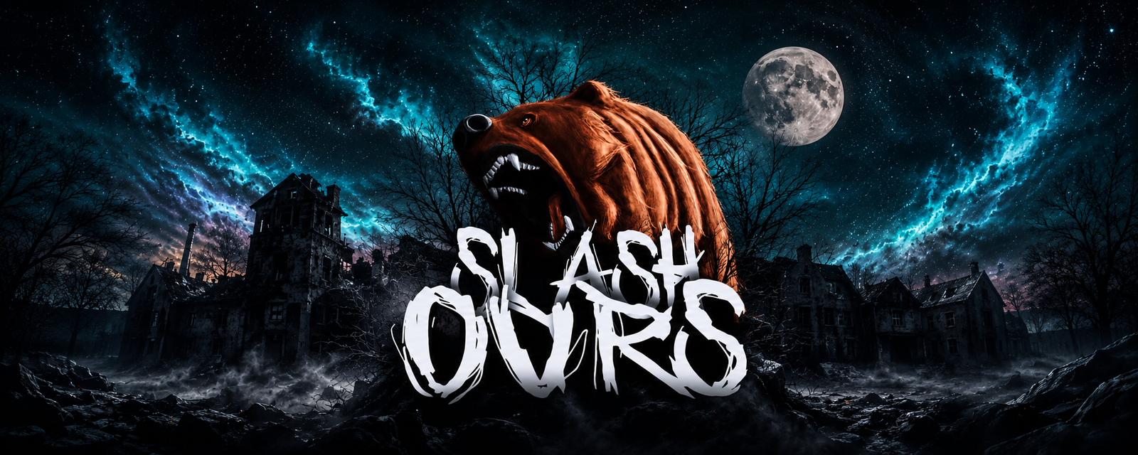 Bannière Slash'Ours : un ours rugissant sous une pleine lune et un ciel nocturne orageux, au-dessus de ruines abandonnées.